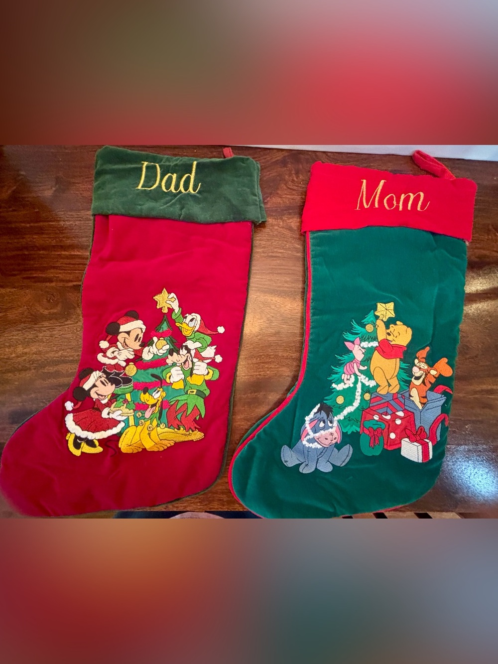 Disney Holiday Christmas Stockings Set - Red and Green (Mom & Dad)